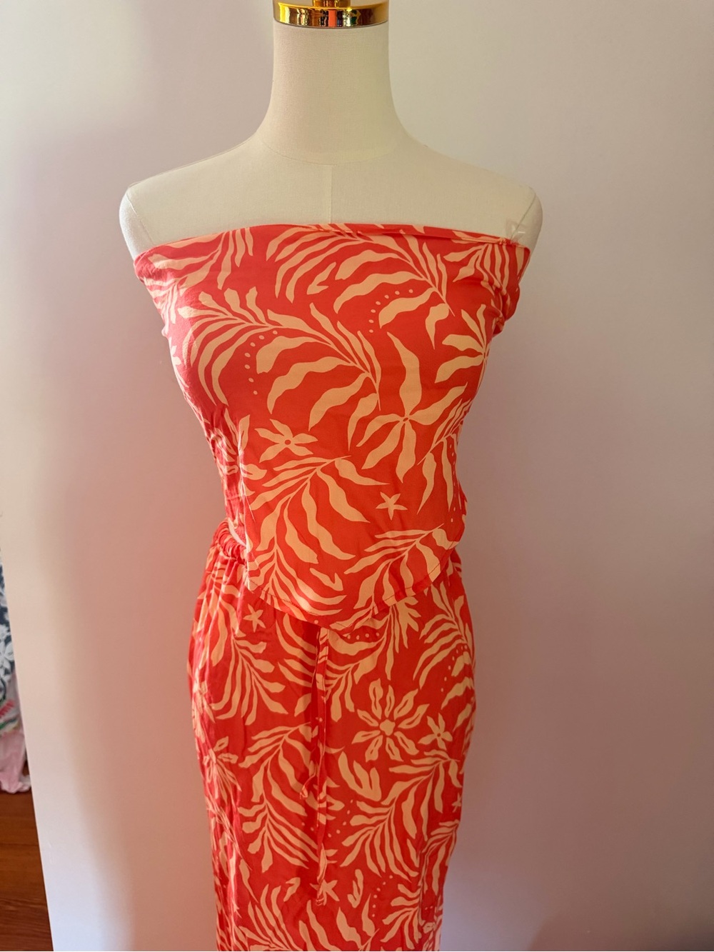 Strapless Coral and Cream Tropical Print Top and Skirt Set